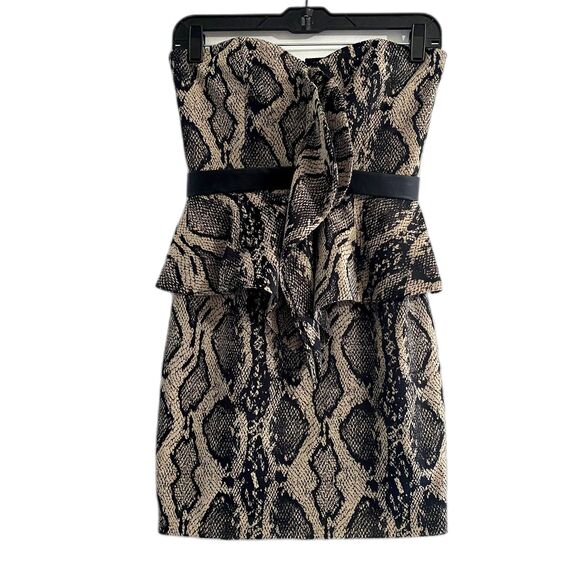 JayGodfrey Strapless Mini Dress Tan Black Snakeskin Print Leather Belted‎ Size 2 - Picture 1 of 7